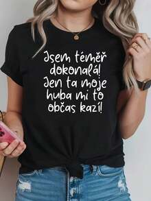 Camiseta con impresión de carta de humor checa auto despreciante | Camiseta casual de cuello tripulación de manga corta de primavera-verano de las mujeres, ocio diario, regalo de vacaciones - Negro - Ver 2