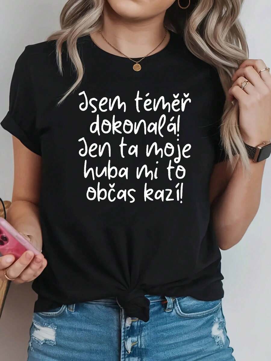 Camiseta con impresión de carta de humor checa auto despreciante | Camiseta casual de cuello tripulación de manga corta de primavera-verano de las mujeres, ocio diario, regalo de vacaciones