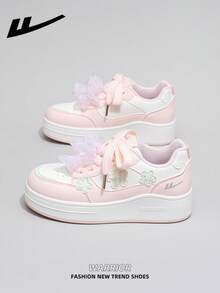 WARRIOR Women's 1 Pair Thick Sole Lace-Up Soft Bottom Casual Sneakers Low-Top Outdoor Flat Shoes Summer Commuter Shoes Round Toe Elegant Soft Sole Hiking Shoes For Students Graduation Photo Shoot Women's Low-Top Microfiber Sports Skateboard Shoes - Pink/Beige/Green - View 3