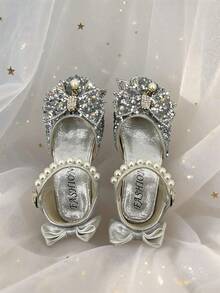 1 Pair Girls' Princess Shoes With Bow & Pearl Decor, Party Wear Children Shoes - Silver - View 5