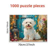 1000pcs Puzzle Featuring A Maltese Dog In An Oil Painting Style - A Soothing Depiction Of A Maltese Dog Amidst A Garden, Characterized By Fine Brushwork And Bright Colors, Perfect For Family Fun, Pet Lovers, And Creative Hobbyists - 70*50cm/27*19 inch - Xem 2