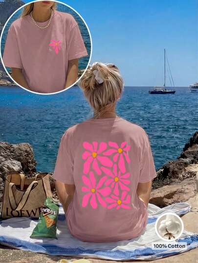 Women 100% Cotton Loose T-Shirt, Front Small & Back Big Pink Daisy Flower Graphic Tee, Vintage Aesthetic Summer Beach Vacation Basic Daily Wear