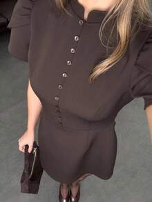 Women's Fashionable Versatile Minimalist Button-Up Commuter Dress - Brown - View 3