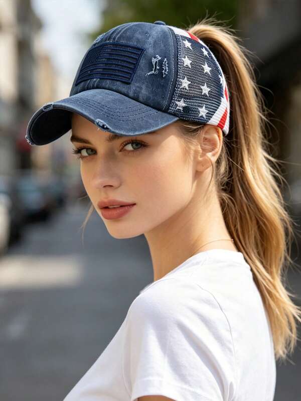 1 Peça Boné de Caminhoneiro Patriótico com Bandeira Americana, Boné de Beisebol Vintage Desgastado Feminino com Rabo de Cavalo Alto e Tela Traseira, Chapéu de Sol para Uso Externo