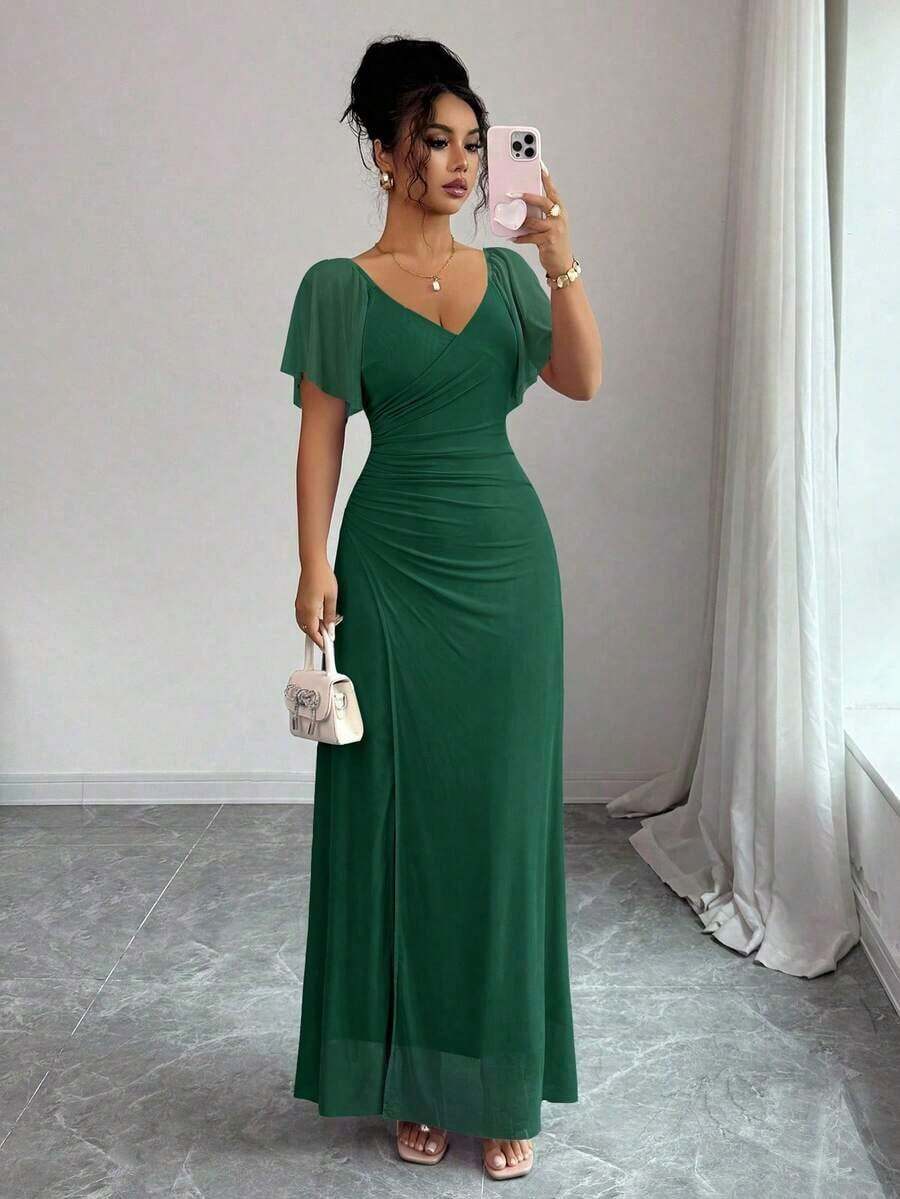 Vestido morado claro con cuello en V, mangas con volantes, cintura plisada y abertura, vestido elegante de dama de honor, vestido de fiesta, primavera/verano - Verde Oscuro - Ver 1