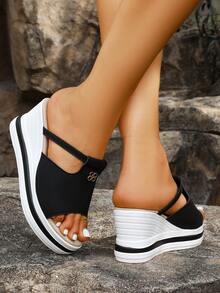 Summer New Thick Bottom Wedge Women Sandals, Fashion Versatile Casual Slip-On Sandals, High Heel Sandals, Mid Heel Sandals, Beach Resort Flip Flops, College Student Sandals - Black - View 6