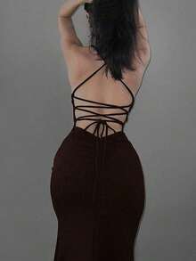Vestido elegante de unicolor y sexy con espalda descubierta y abertura alta, para fiestas y eventos casuales de verano en color negro - Café integral - Ver 3