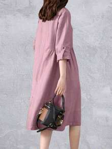 Vestido camisero casual de mujer con pliegues, de manga larga, holgado, de unicolor, largo, color rosa, para primavera - Rosa - Ver 4