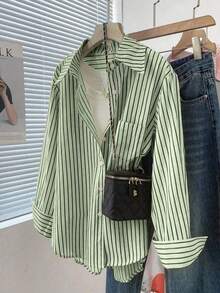 Camisa de mujer con botones y bolsillo, a rayas, de uso casual para primavera, color blanco - Verde - Ver 4