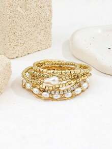8PCS Vintage Asymmetric Baroque Faux Pearl Elastic Bracelet Asymmetric Square CCB Claw Chain Bracelet Set For Women - Gold - View 2