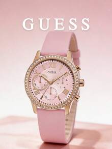 Guess Women's Multifunction Watch Pink Rose Gold Crystal Bezel Roman Numeral Dial Chronograph Ladies Fashion Watch Pink Silicone Strap Cute Feminine Wristwatch for Daily Wear Brunch Date Outdoor Travel Gift for Girlfriend Daughter Sweet Pink Aesthetic Watch - 粉色 - 查看 8