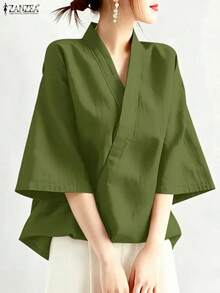 ZANZEA-Blusa de mujer  2025, Tops de media manga con cuello en V cruzado, Túnica de trabajo holgada sólida, camisas tipo kimono de estilo chino de gran tamaño - verde - Ver 4