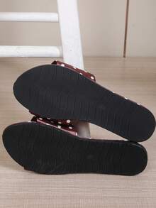 Sandalias planas negras de punta redonda con estampado retro de una correa, antideslizantes para mujeres - Morado - Ver 6
