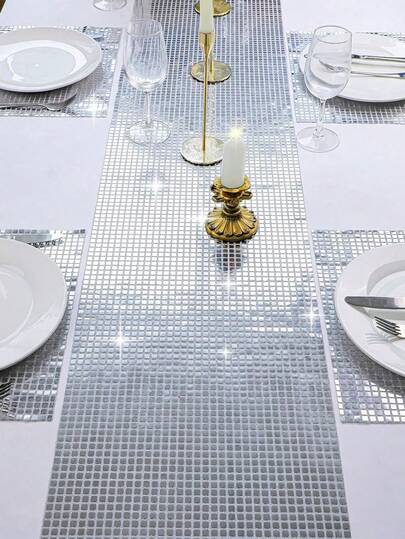 1pc Shiny Silver Sequin Table Runner, Glitter Disco Table Cloth, Mirror Silver Disco Party Table Runner, Disco Table Runner, Silver Glitter Table Runner, Shiny Foil Table Cloth, 70s 80s Party Decor, Sequin Disco Table Cloth Suitable For 70s 80s Theme Birthday Party, Bachelor Party Table Decor