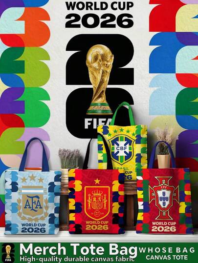 4款世界杯球迷手提袋，2026世界杯球队涂鸦图案，耐用帆布材质，大容量可重复使用休闲手提袋，适合世界杯球迷、观赛、通勤、生日、圣诞节、世界杯赛季及其他场合，是送给足球爱好者的绝佳礼物。
