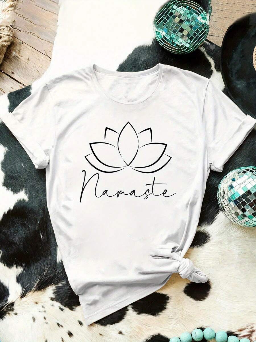 [Camiseta de Namaste] Camiseta de impresión gráfica de flores de loto de verano | Camiseta de cuello de tripulación de manga corta de las mujeres para la primavera