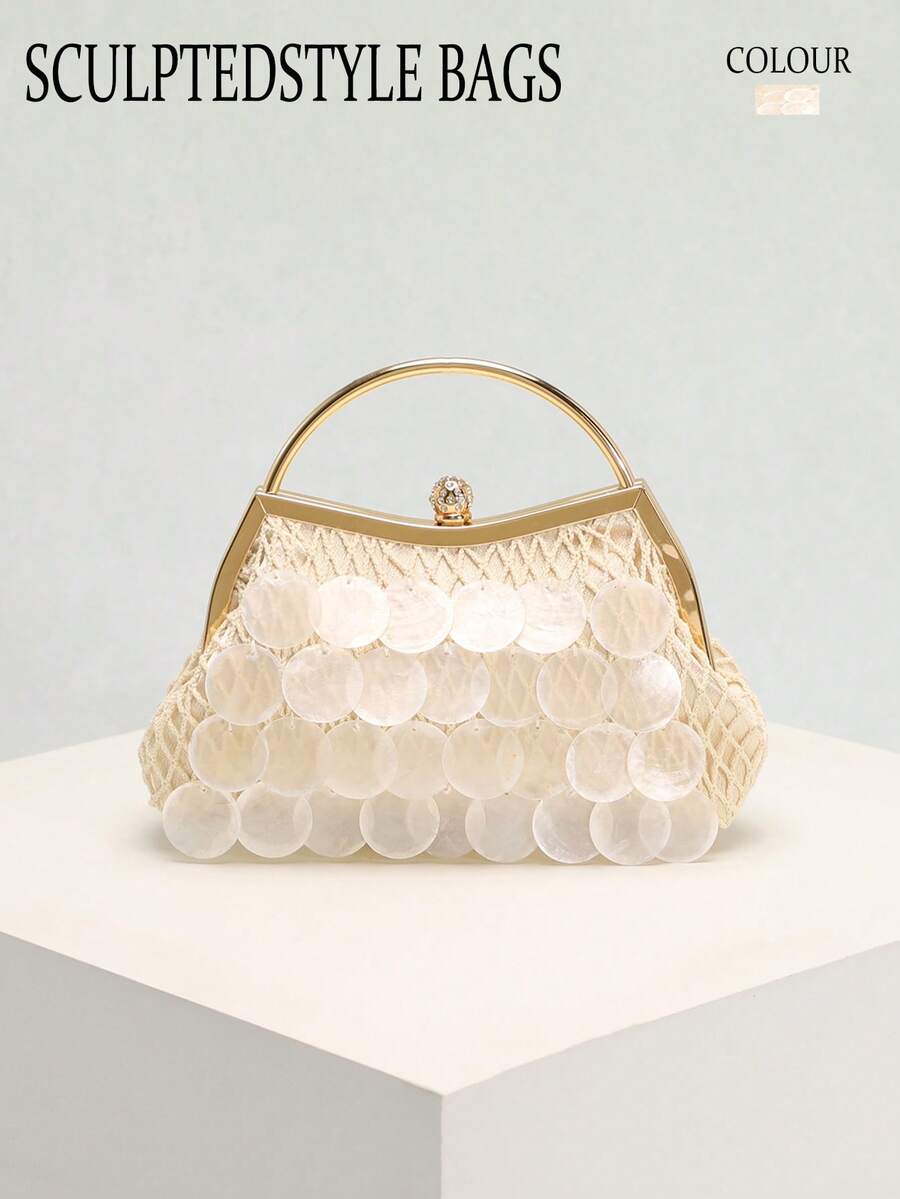 1pc Beige Natural Seashell Bead Slice Decor Tassel Clutch Bag, Handmade Boho Mermaid Shell Slice Lattice Fishnet Tote Bag, Suitable For Daily, Wedding, Party And Travel/Vacation Occasions (Normal Cracks And Defects On Seashell Slices Are Acceptable) - Beige - View 1