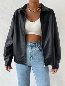 Drop Shoulder Zip Up PU Cropped Leather Jacket In Fall/Winter - Negro - Ver 8