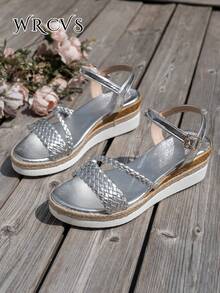 WRCVS 银色女士凉鞋，系带凉鞋，夏季厚底坡跟凉鞋，绳底时尚度假凉鞋，波西米亚风增高户外坡跟凉鞋 - 銀色 - 查看 5