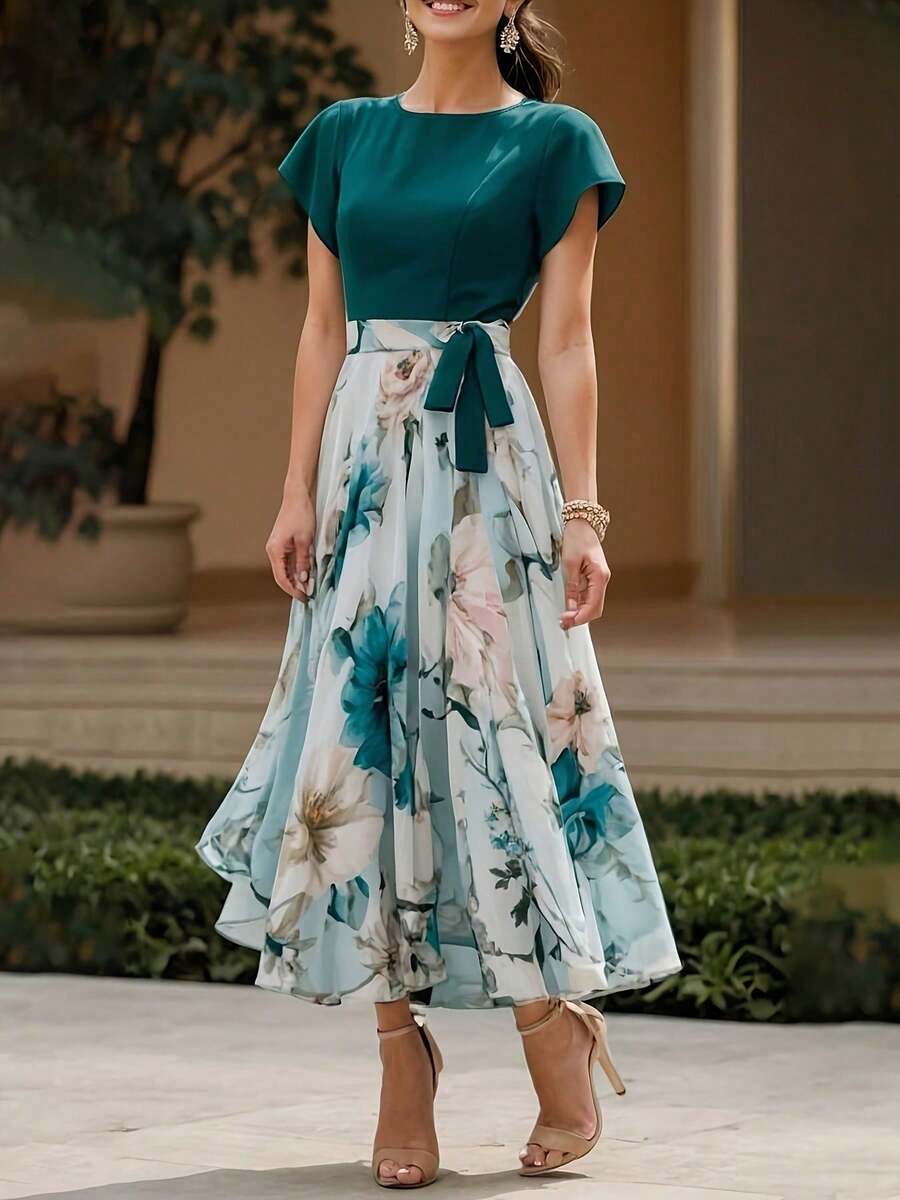 Plus Size Floral Print Bow Decor Waist-Defining Slimming Dress Bow Vacation Holiday Formal Dinner Spring Summer Autumn Elegant - Green - View 1