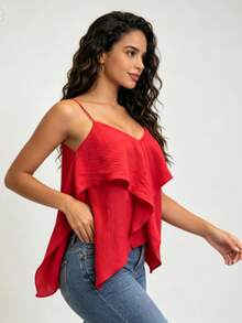 Thin Strappy Top With Pleats And Irregular Hem - Red - View 2