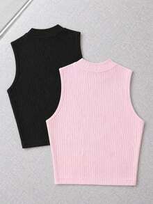 Women's Pure Cotton Ribbed Solid Color Slim Fit Casual Tank Top - Black - View 2