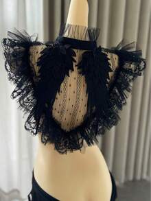 Gothic Style Angel Wings Lace Detachable Collar, Adjustable Ribbon, Elegant Black Lace Decorative Collar With Ruffled High Neck, Angel Wings Embroidery Sheer Mesh, Suitable For Daily Wear, Party, Holiday - Black - View 7