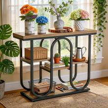 LITTLE TREE 100cm 4-Tier Entryway Console Table, Industrial Metal Frame Rustic Shelf Table, Multifunctional Furniture For Small Home Spaces - Brownish Black - View 7