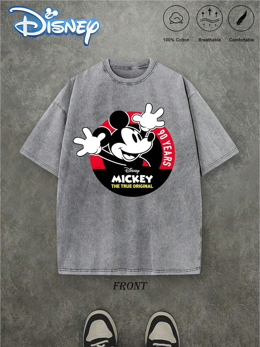 Disney-Licensed, Featuring A Classic Mickey Mouse Anniversary Print; Heavyweight 100% Men'S T-Shirt With A Washed, Distressed Look; Loose-Fit Men'S Short-Sleeve Crewneck Top; Soft, Comfortable, And Versatile For Casual Wear - Xám - Xem 1
