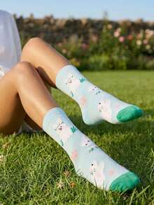1 Pair Women's Funny Rabbit & Flower Pattern Versatile Sports & Casual Socks, Suitable For Spring And Autumn - Multicolor - View 2
