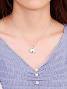 1件不锈钢极简主义泡泡笑脸单水晶项链，精致奢华双面锁骨链 - 貓咪項鍊 - 查看 4