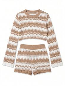 Conjunto de 2 piezas de top corto de punto a crochet a rayas + shorts de cintura alta, conjunto de ropa de playa y traje de baño para mujer - Caqui - Ver 8