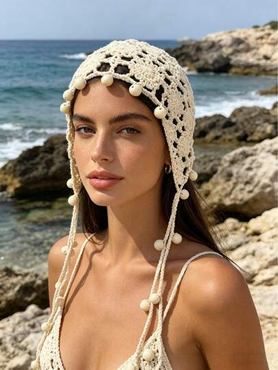 1pc Handmade Crochet Floral Hollow Out Headband, Bohemian Style, Tasseled Tie-Up Knit Cap, Suitable For Spring/Summer, Beach, Vacation
