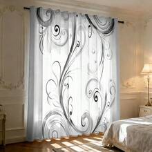 2pcs Black & White Scroll Pattern Semi-Blackout Curtains, No-Drill Rod Pocket Design, Style For Living Room, Kitchen, Home Decor, Polyester Fabric, Machine/Hand Washable - Multicolor - View 7