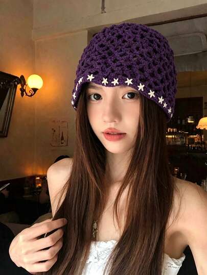 Summer Hollow-Out Purple Knitted Hat, Vintage Versatile Handmade Woven Beanie Cap, Thin Lightweight Skull Cap, Spring/Summer Slouchy Hat, Fashionable Macaroon Color Head Wrap, Sun Protection