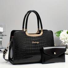 New 2026 Women's Handbag:  Embossed Crocodile Pattern Handbag, Stylish Glossy Leather, Luxury Tote Bag/Mother Bag - 黑色 - 查看 4