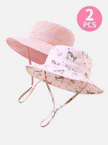2 piezas Sombrero de cubo casual ajustable con protección solar transpirable de unicolor estampado para niños, adecuado para viajes al aire libre y uso diario - Multicolor - Ver 6