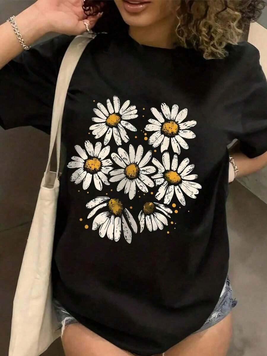Camiseta de Mujer% Algodón, Camiseta Casual con Estampado Floral de Margaritas, Cuello Redondo, Manga Corta con Hombros Caídos, Camiseta de Elasticidad Media para Conjuntos de Primavera, Ligera, Transpirable, Éxito de  de Verano - Negro - Ver 1