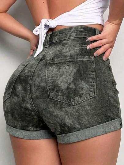 Shorts Denim dama de Tiro Alto con Lavado Ácido y Bajo Dobladillo casuales ideal vacaciones vacacion diario estilo sexy fiesta cumpleaños mujer cortos