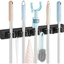 Mop Broom Holder Wall Mount With 3 Slots & 4 Hooks - Wood Broom & Mop Hanger For Kitchen Pantry Closet Laundry Room Organization, Rustic Farmhouse Garden Tool Organizer For Home Decor - 黑色-5 握把 - 查看 2