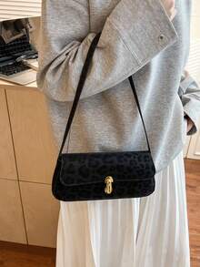 Retro Patchwork Leopard Print Elegant Underarm Shoulder Bag, Leopard Print Ladies Handbag, Leopard Print - Black - View 5