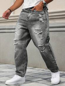 Modcrash Men's Plus Size High Street Style Distressed Washed Denim Jeans, Loose Casual Long Pants, Autumn/Winter - Dark Grey - View 8