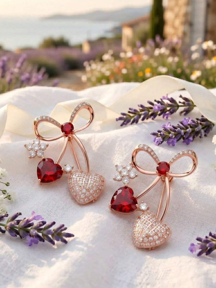 Rose Gold Crystal Bow & Double Heart Brooch, Luxury Lapel Pin For Coat, Jacket, Elegant Gift For Friends, Sweet Heart Design, Suitable For Date And Work - Red - View 1