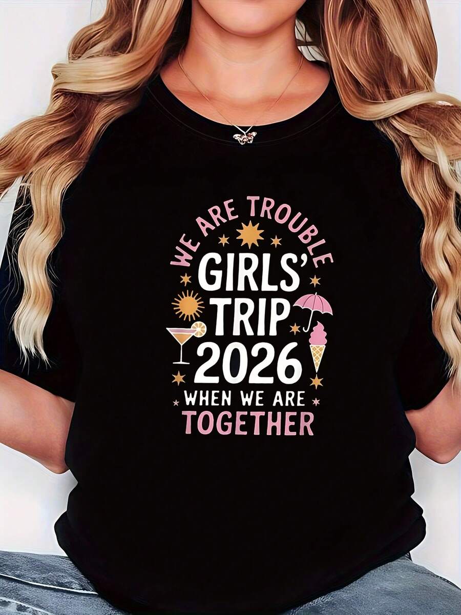 Women's T-Shirt, " Trip 2026" Bestie Travel Print, Playful Bestie Style T-Shirt, Suitable For Bestie Trips, Birthday Parties, And Other Occasions, Black Short-Sleeve Crew Neck Printed T-Shirt - Machine Washable, Suitable For Spring, Summer, And Fall - 黑色 - 查看 1