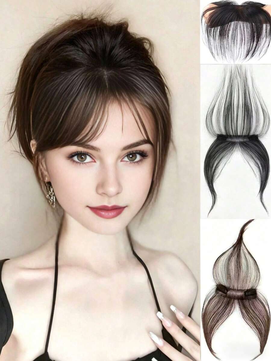 夾式瀏海接髮片 3D 空氣瀏海附鬢角,自然輕盈碎瀏海髮片,女性用高品質耐熱纖維假瀏海,1 片式無縫前額接髮 - 彩色 - 查看 1