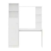 Desk/Work Table With Storage – White With Contrasting Slatted Wooden Top, Lower Cabinet With Doors And Open Upper Shelf, Office Design, 123.5 X 45 X 168.5 Cm - 白色1 - 查看 9
