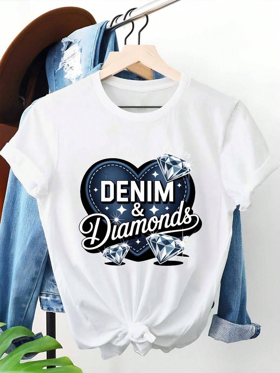Women's Denim Heart Sequin Pattern T-Shirt - A Casual Crew Neck Top, Adorned With Rhinestone Lettering And A Denim Heart Design, Is A Comfortable Casual Garment Suitable For All Seasons, Perfect For Pairing With Jeans And Dresses - 白色 - 查看 1