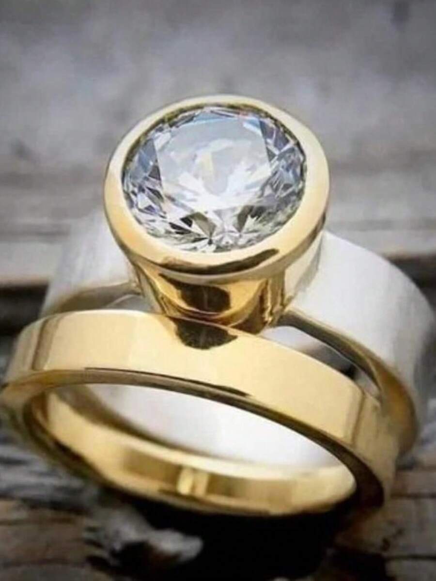 Gmzalx 圓形人造立方鋯石婚戒,簡約雙色調女性珠寶禮物 - 雙色 - 查看 1