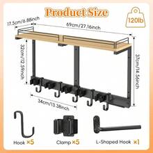 Broom Holder Wall Mount With Shelf Guard Rail, Upgraded No - Fall Storage, 120 Lbs Heavy Duty Cleaning Organizer, 5 Clamps 4 Hooks, Thick Metal Wood Rack Laundry Room Garage - Initial - View 5