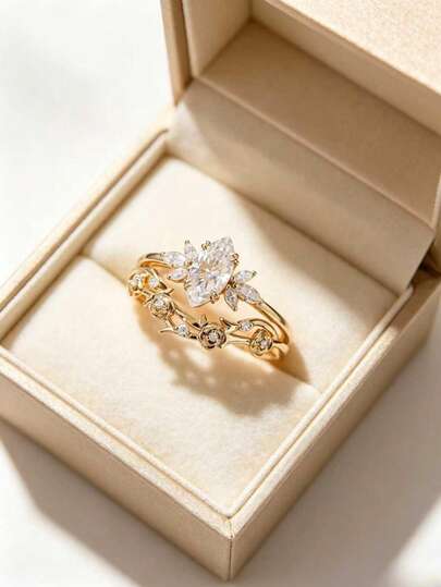 Set de 2 anillos de compromiso para mujer, anillos apilables exquisitos, elegantes y de lujo con flores y circonita cúbica - Adecuado para bodas, banquetes, fiestas y como regalo